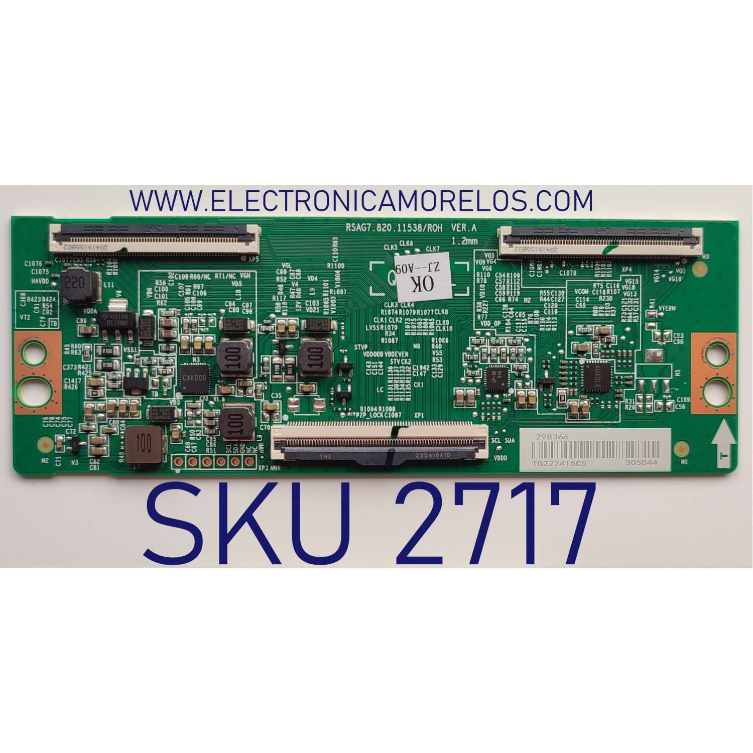 T-CON PARA TV HISENSE / NUMERO DE PARTE 298366 / RSAG7.820.11538/ROH VER.A / 305044 / TG227415C5 / PANEL HD550Y1U72-T0L2 / DISPLAY HV550QUB-F70 REV.2.0 / MODELOS 55R6G / 55A65GV